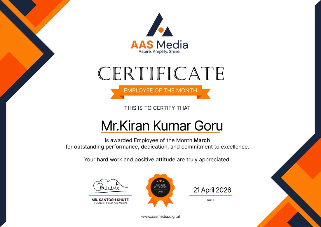 AAS Media Employee of the Month certificate awarded to Mr Kiran Kumar Goru
